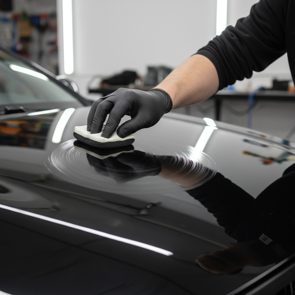 Auftrag der Keramikversiegelung auf der Motorhaube